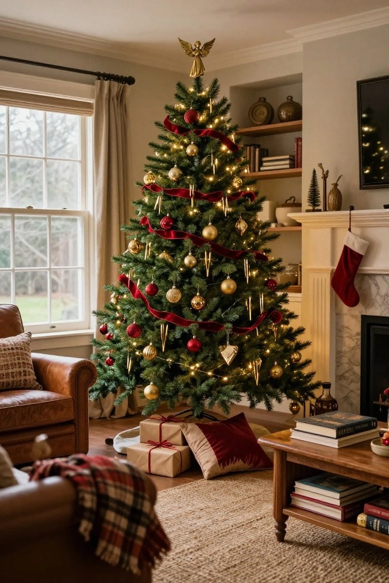 Living room corner with a tall lit Christmas tree decorated in red ribbons, gold and red ornaments, positioned by a fireplace with a red stocking, leather armchair, coffee table, books, and wrapped gifts.