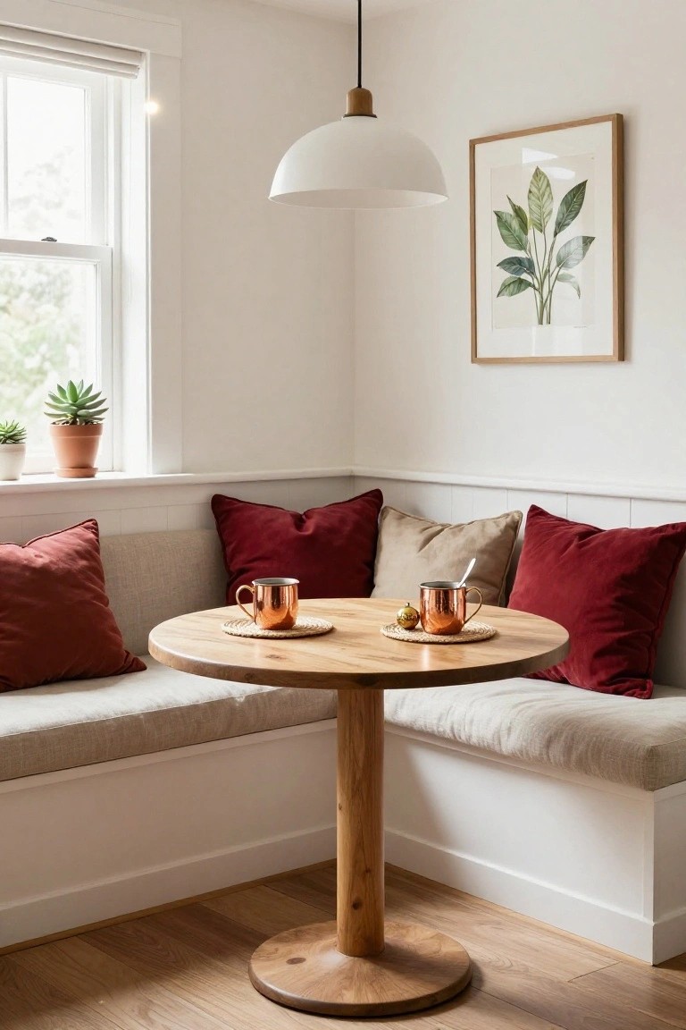 Indoor corner with built-in beige bench topped by red and tan velvet pillows, round wooden pedestal table with two copper mugs on woven coasters and a small gold ornament, window with potted succulents, white walls and wood floor.