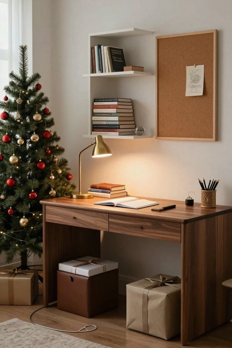 A small Christmas tree with red and gold ornaments stands beside a wooden desk in a home office featuring open shelves with books, a corkboard, a desk lamp, and wrapped gifts on the floor.