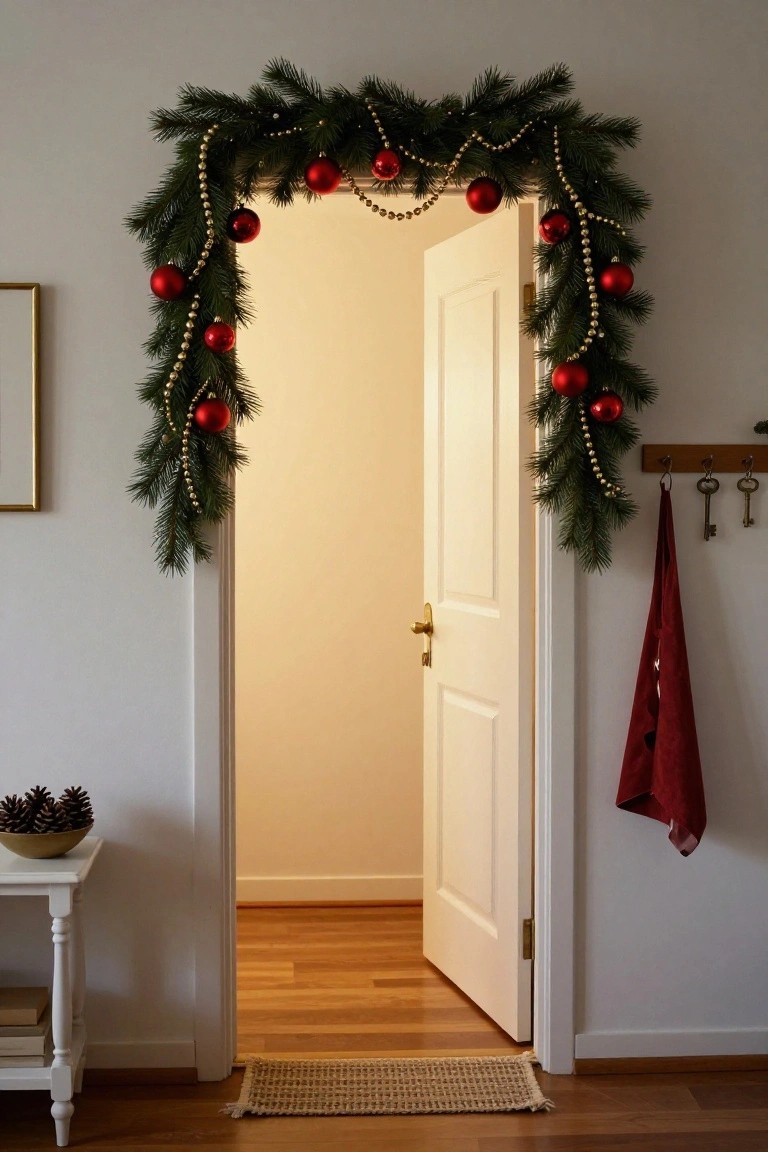 Open white interior door framed by green Christmas garland with red baubles and gold bead strands, next to wooden key hooks holding keys and a red cloth, with a small white side table displaying pinecones in a bowl on a wooden floor.