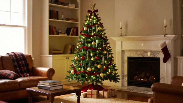 18 Elegant Red and Gold Christmas Tree Ideas That Feel Timeless and Warm Living room corner with a tall lit Christmas tree decorated in red ribbons, gold and red ornaments, positioned by a fireplace with a red stocking, leather armchair, coffee table, books, and wrapped gifts.