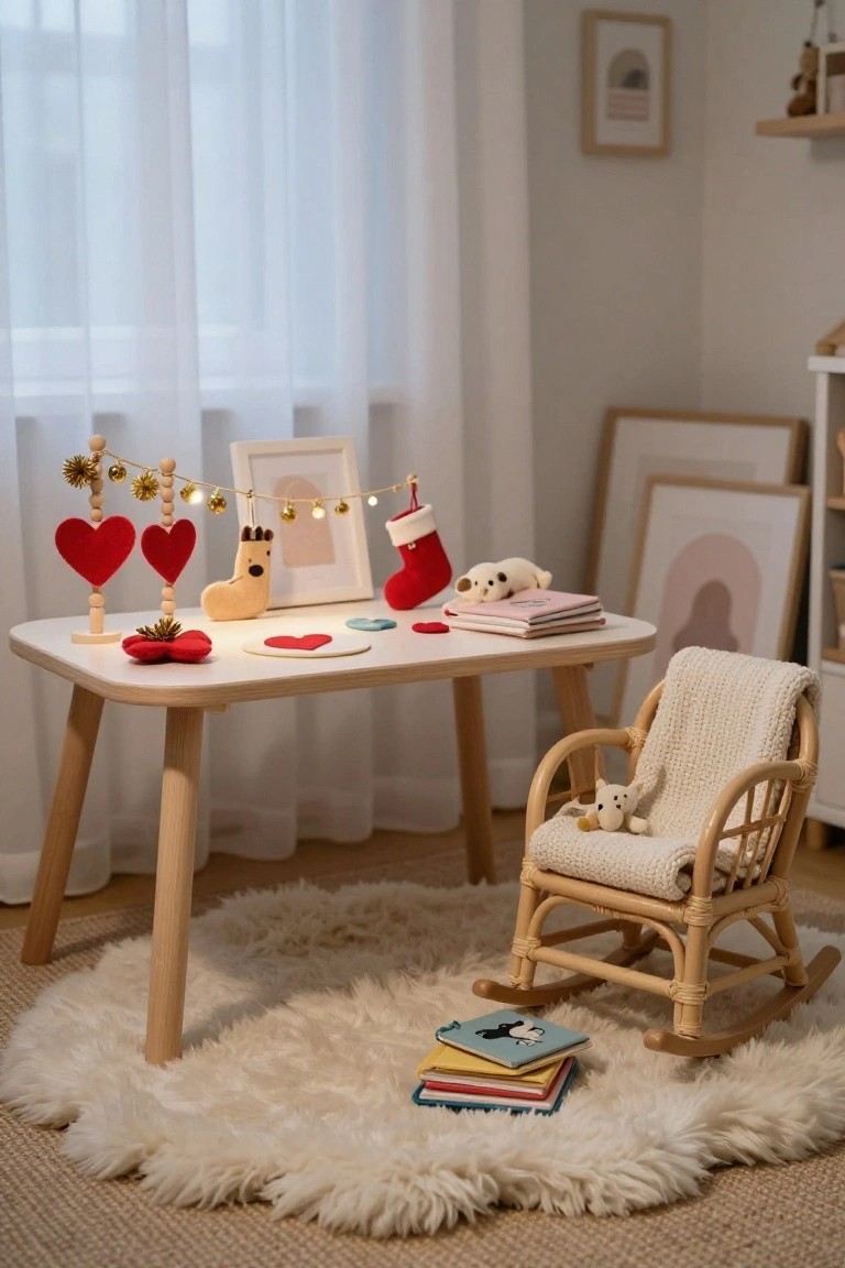 Cozy children's play area with white wooden table holding red heart decorations, gold bell strings, plush toys, Christmas stocking, and books, next to rattan rocking chair on white shag rug in room with sheer curtains and wall art.