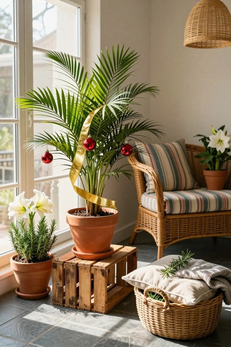 A tall potted palm plant wrapped in gold ribbon with red Christmas baubles on its fronds, elevated on wooden crates in a sunlit room corner beside a striped rattan chair and potted plants.