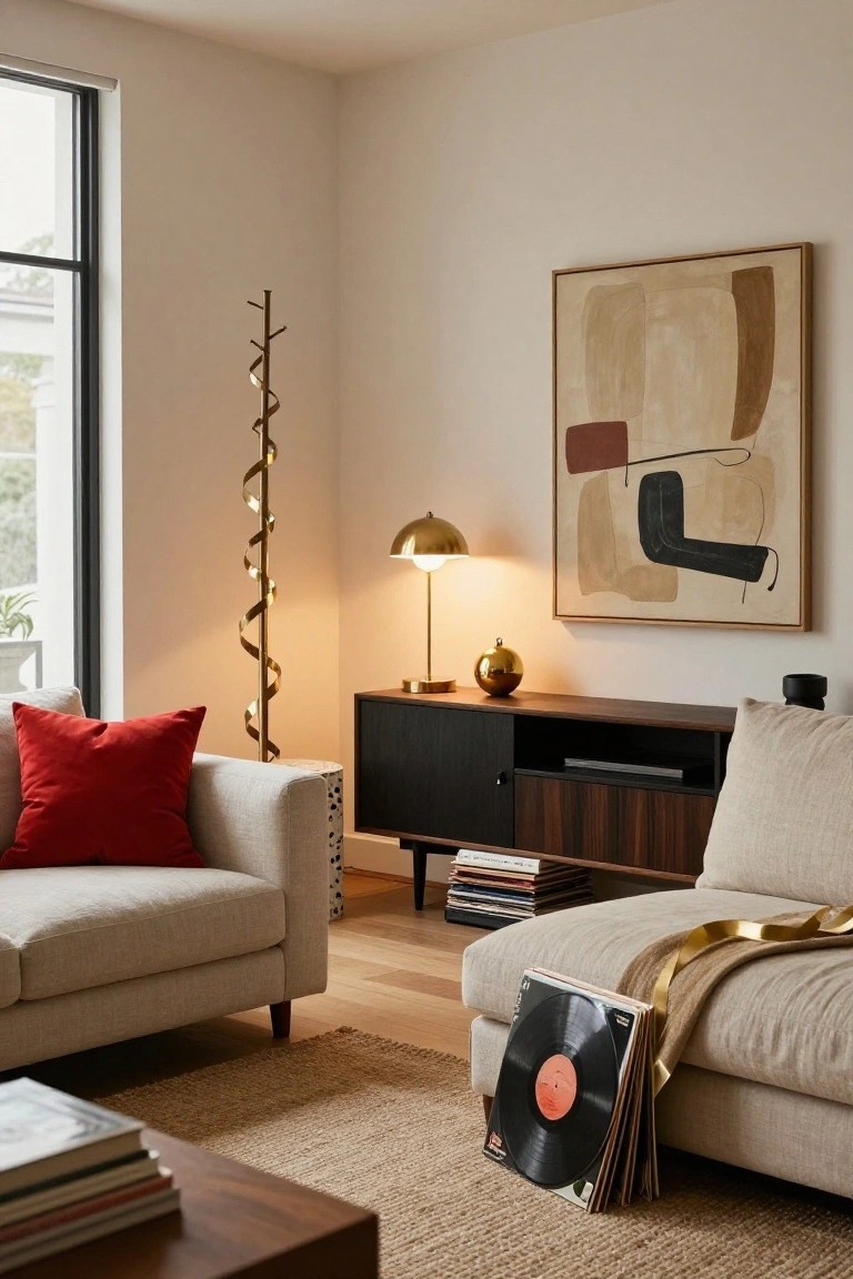 Modern living room with beige sofas, red pillow, gold spiral floor lamp and table lamp, wooden media console with vinyl records, abstract wall art, seagrass rug, and wooden coffee table.