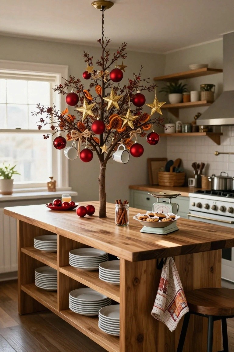 A small twig Christmas tree decorated with red baubles, gold stars, orange slices, and hanging teacups stands on a wooden kitchen island next to cookies on a scale, cinnamon sticks, and stacked plates in a light kitchen.