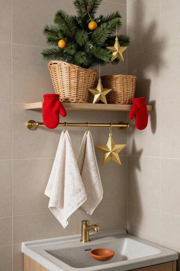 A small potted Christmas tree in a woven basket on a wooden shelf above a white bathroom sink, decorated with oranges and gold stars, red mittens on the shelf ends, white towels hanging from a gold towel bar, and additional gold stars nearby.