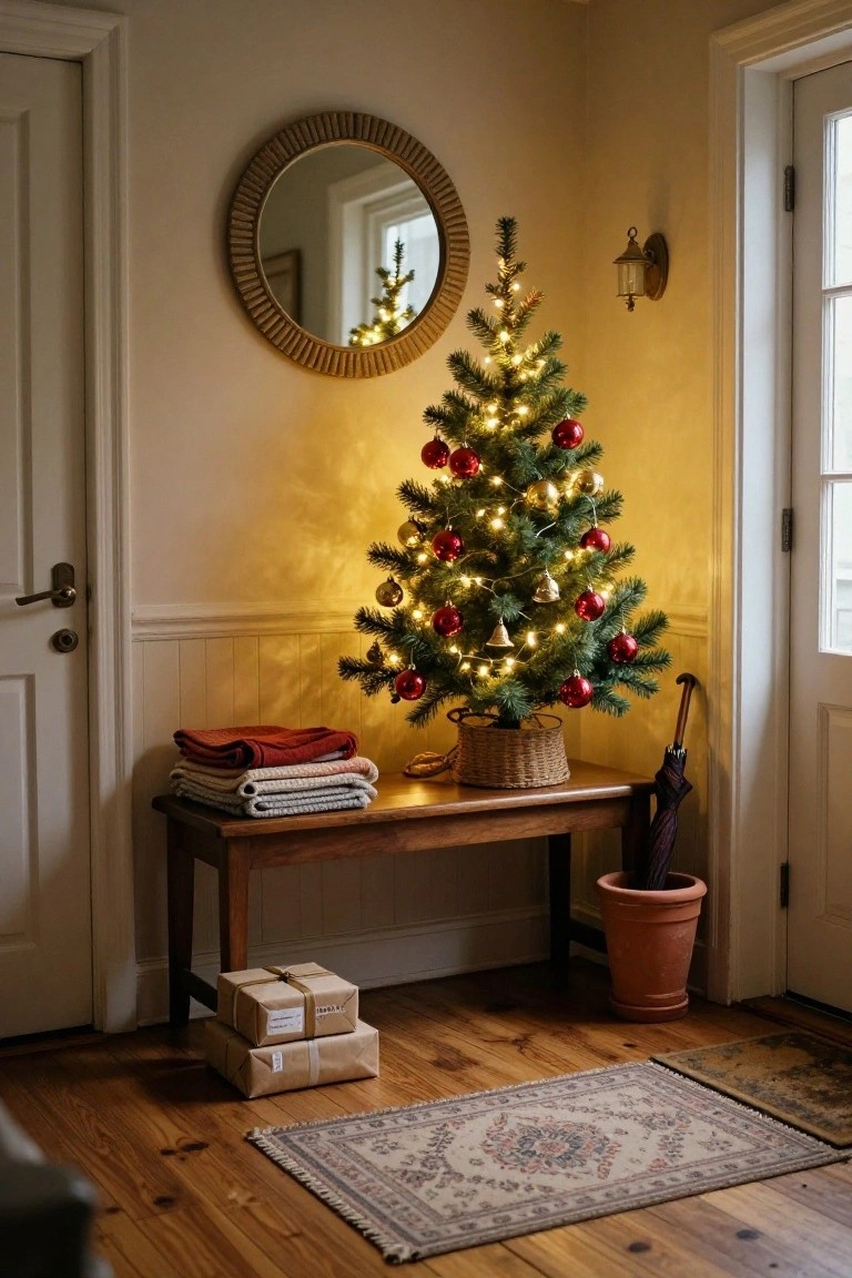 Small lit Christmas tree with red and gold ornaments in a cozy indoor corner next to a wooden bench holding folded blankets and wrapped gifts, with doors, a mirror, umbrella, and potted plant nearby.