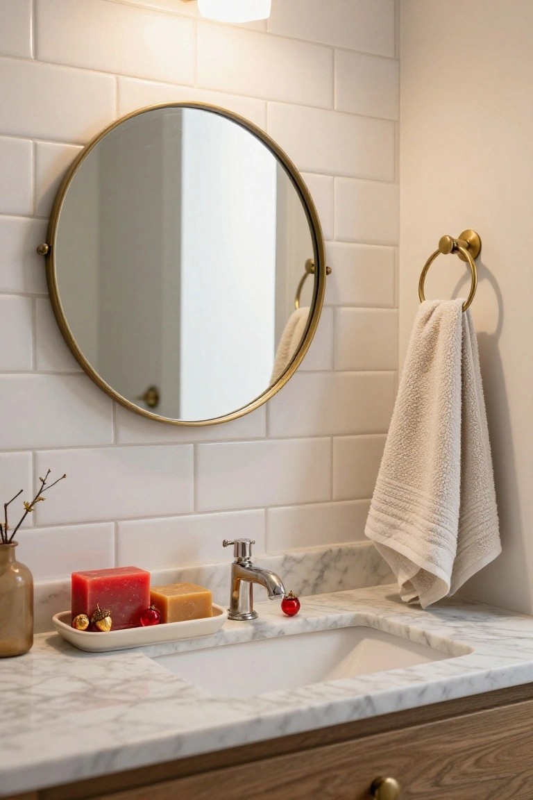 Closeup of a white subway tile bathroom wall with round brass mirror, marble countertop and sink, brass faucet, hanging white towel on brass ring, and white tray holding red and tan soap bars, gold ornaments, red berries, and glass vase with branches.