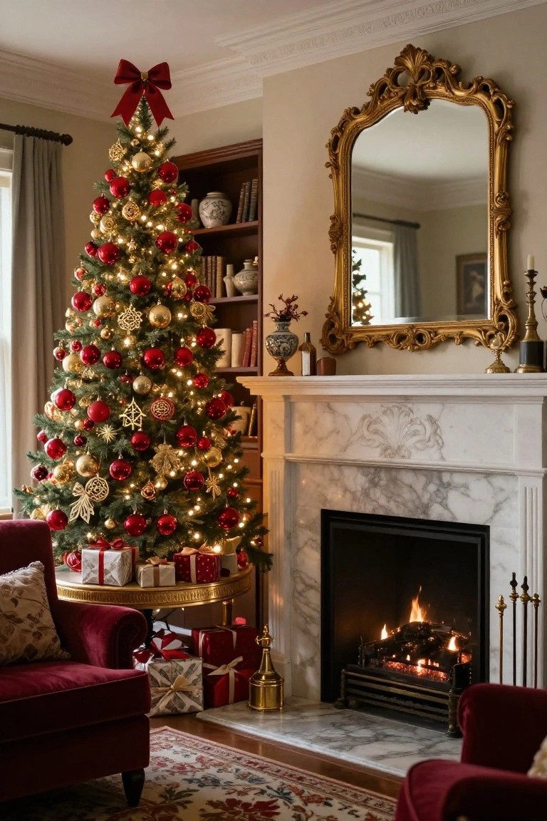A living room with a tall Christmas tree decorated in red and gold ornaments positioned next to a marble fireplace with a burning fire, red armchairs, wrapped gifts, and gold decor elements.
