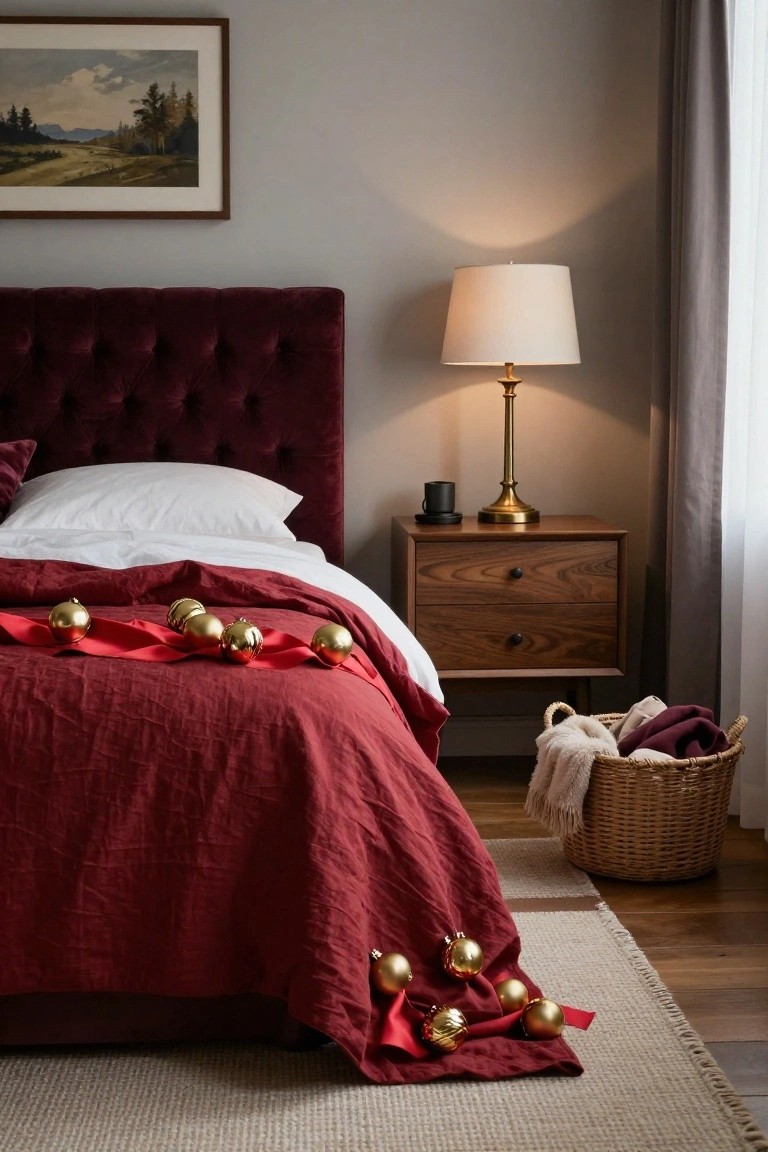 Bedroom interior featuring a maroon velvet tufted headboard, white pillows and sheets under a red linen duvet draped with red ribbon and gold Christmas ornaments, beside a wooden nightstand with brass lamp, mug, and wicker basket on hardwood floor with beige rug.