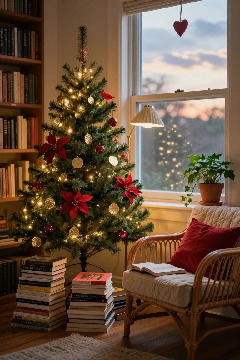 A small lit Christmas tree with red poinsettias, gold coin ornaments, red balls, and string lights stands beside a rattan armchair holding an open book, next to tall stacks of books in a room with bookshelves, a potted plant, and a window at sunset.