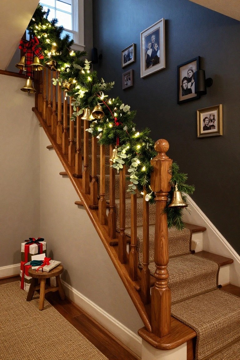 Wooden staircase wrapped in green garland with fairy lights, gold bells, red plaid ribbons, and eucalyptus, with family photos on dark walls and wrapped gifts on a stool at the base.
