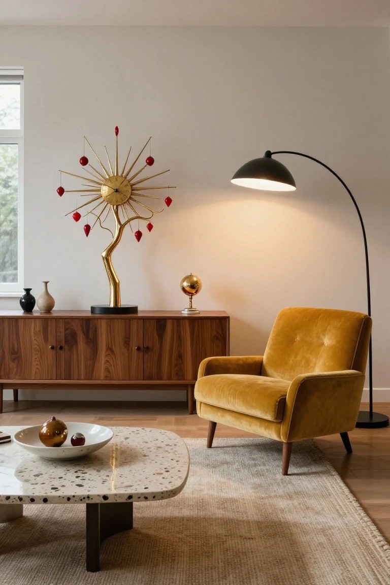 Gold sunburst clock with red hanging ornaments on a wooden sideboard next to a mustard velvet armchair, arc floor lamp, globe, vases, and terrazzo coffee table in a light-filled living room.