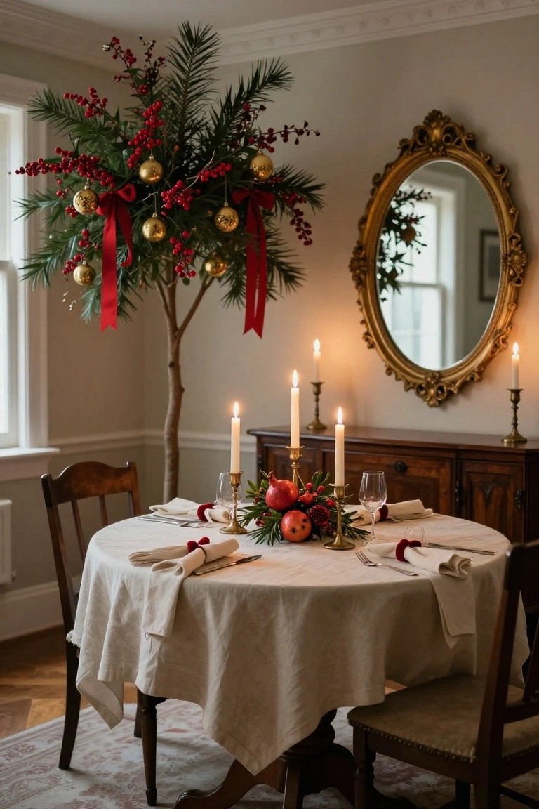 Tall potted Christmas tree decorated with red berries, gold baubles, and red ribbons in a dining room corner next to a candlelit table, wooden chairs, gold mirror, and sideboard.