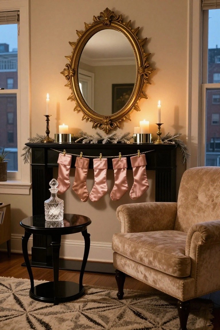 Beige room corner with black fireplace mantel decorated by five pink satin Christmas stockings on a line, flanked by silver garland, candles on brass holders, gold ornate mirror above, crystal decanter on side table, and beige velvet armchair nearby.