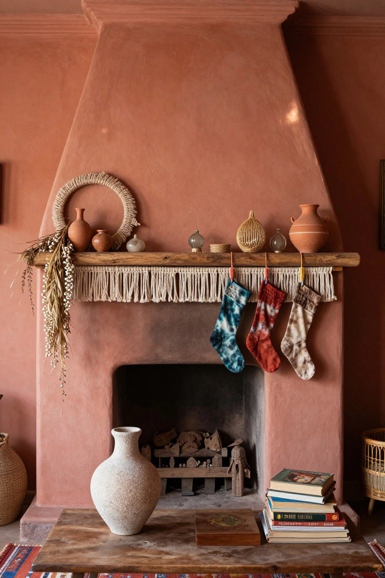 Arched pink wall with wooden mantle shelf holding pottery jars and dried grasses, colorful patterned stockings hanging from a clothesline with wooden clothespins, white textured vase and stacked books on low wooden table in front of fireplace niche on patterned rug