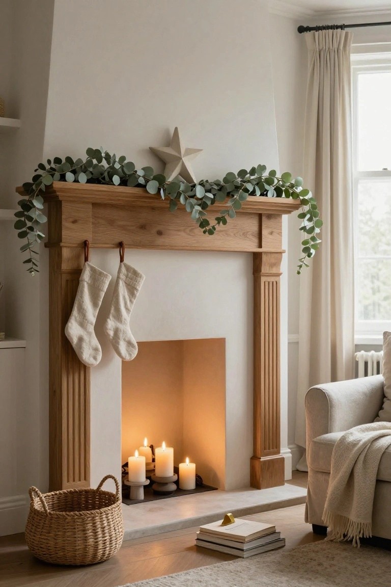 Wooden fireplace mantel with eucalyptus garland draped along the top and sides, two cream linen stockings hanging from brown leather loops, and four pillar candles lit inside the hearth, next to a beige armchair and woven basket on a light wood floor.