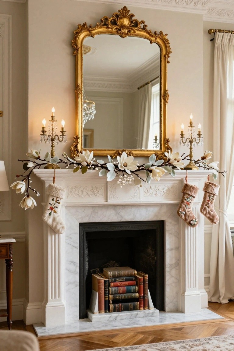 White marble fireplace mantel with draped magnolia leaf garland, white knit stockings, stacked books in the hearth, flanked by gold mirror and brass candelabras in a pale room with parquet floor.