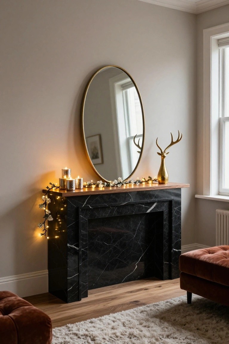 Black marble fireplace mantel in a beige-walled room, decorated with fairy lights and white garland, metallic candles, gold deer figurine, and large oval gold-framed mirror above, with wood floors, cream rug, and pink velvet ottoman nearby.