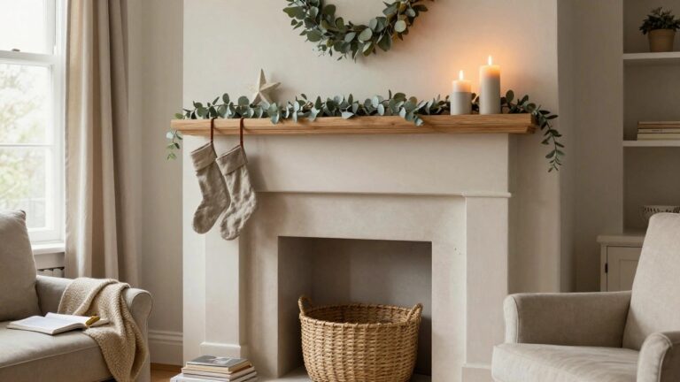 Wooden fireplace mantel with eucalyptus garland draped along the top and sides, two cream linen stockings hanging from brown leather loops, and four pillar candles lit inside the hearth, next to a beige armchair and woven basket on a light wood floor.