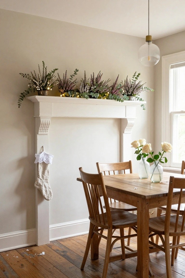 White fireplace mantel topped with potted eucalyptus, heather, and fairy lights, a linen stocking hanging from the side, wooden dining table with chairs and vases of white roses nearby, beige walls and hardwood floors.