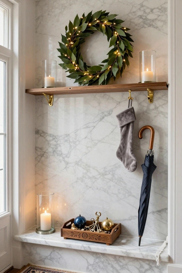 Marble wall nook with wooden shelf holding a lit green eucalyptus wreath, flanked by glass candles, gray velvet stocking hanging beside wooden umbrella, and lower ledge with candle and wooden tray of blue and gold ornaments.