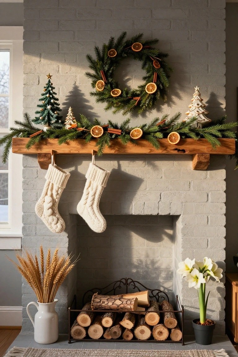 Gray brick fireplace with wooden mantel decorated for Christmas using evergreen garland and wreath with dried orange slices and cinnamon sticks, small Christmas trees, white knit stockings hanging, wheat in white pitcher, firewood basket, and white amaryllis plant.