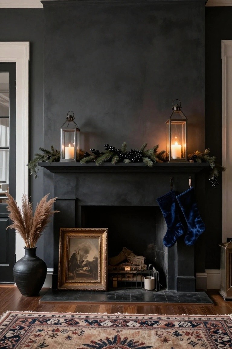 Dark plaster-walled room with black fireplace mantel decorated for Christmas using pine garland with black berries, two brass lantern candles, blue velvet stockings, pampas grass in black vase, gold-framed painting, and wood floors with patterned rug.