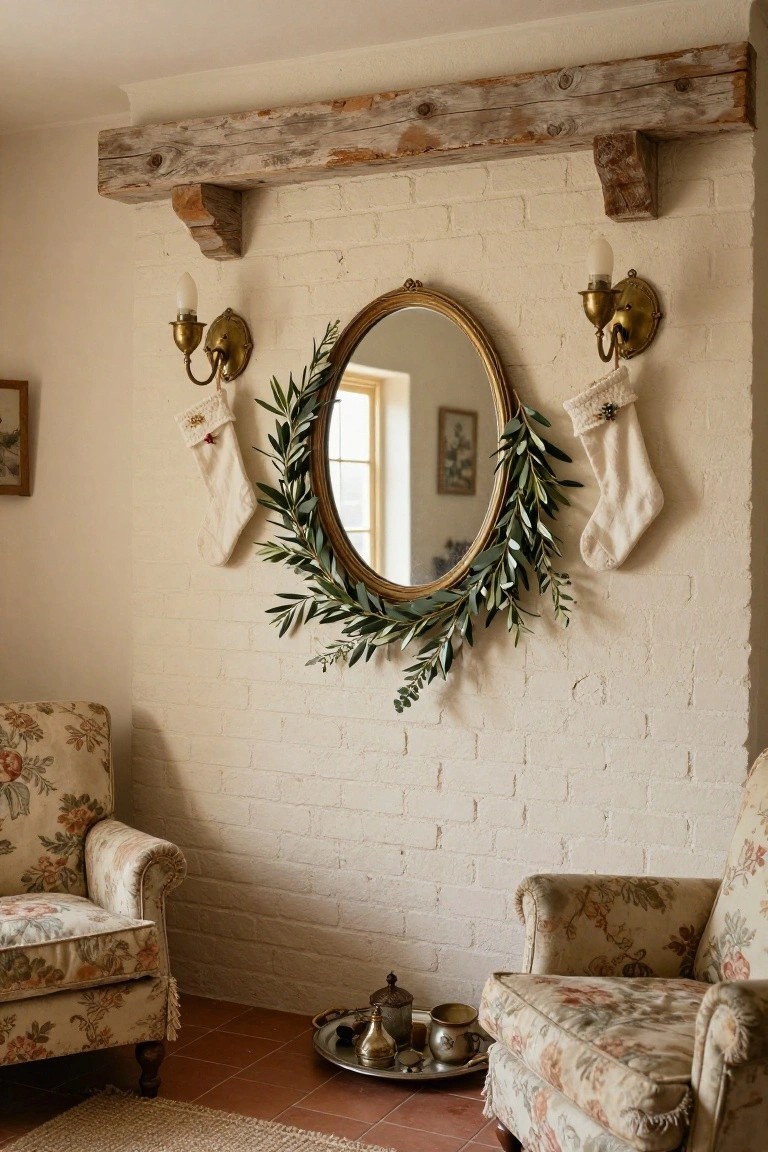 Oval mirror on white brick wall framed by olive branch garland with white stockings on brass wall sconces above two floral armchairs and a tea tray on terracotta tile floor.