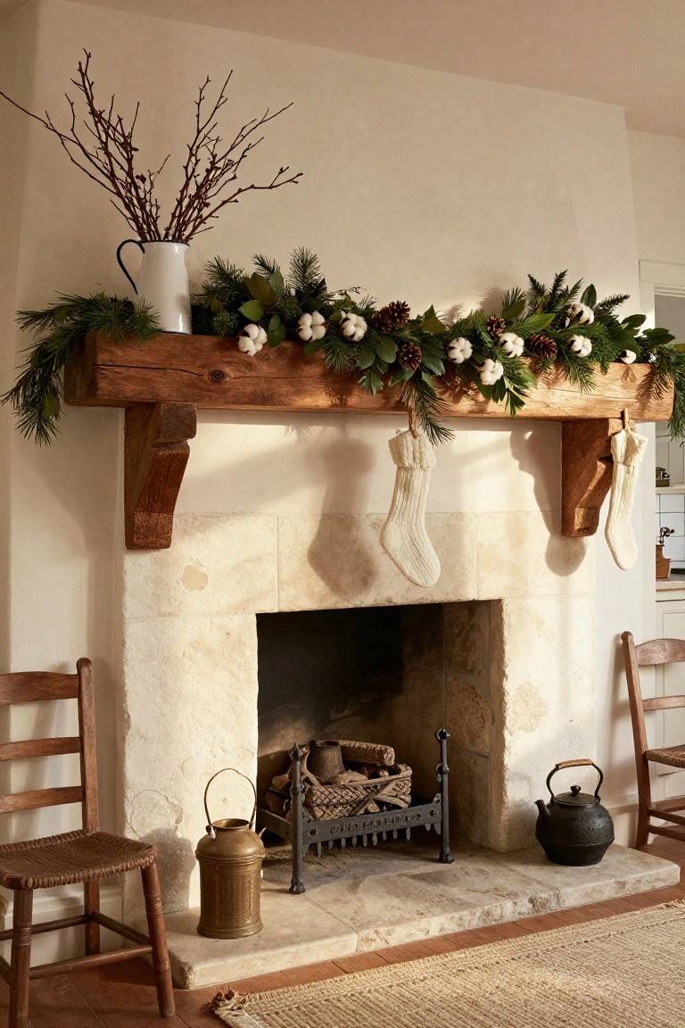 Rustic wooden beam mantel over a beige stone fireplace decorated with garland of evergreen branches, magnolia leaves, pinecones, and white cotton bolls, with two white knit stockings hanging from hooks and wooden chairs nearby.