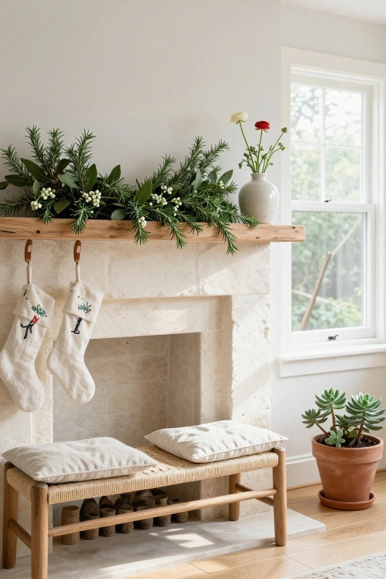 Rustic wooden mantel over a stone fireplace decorated with layered green garland, white berry clusters, and two hanging white stockings, with a cushioned rattan bench and potted succulents in front.