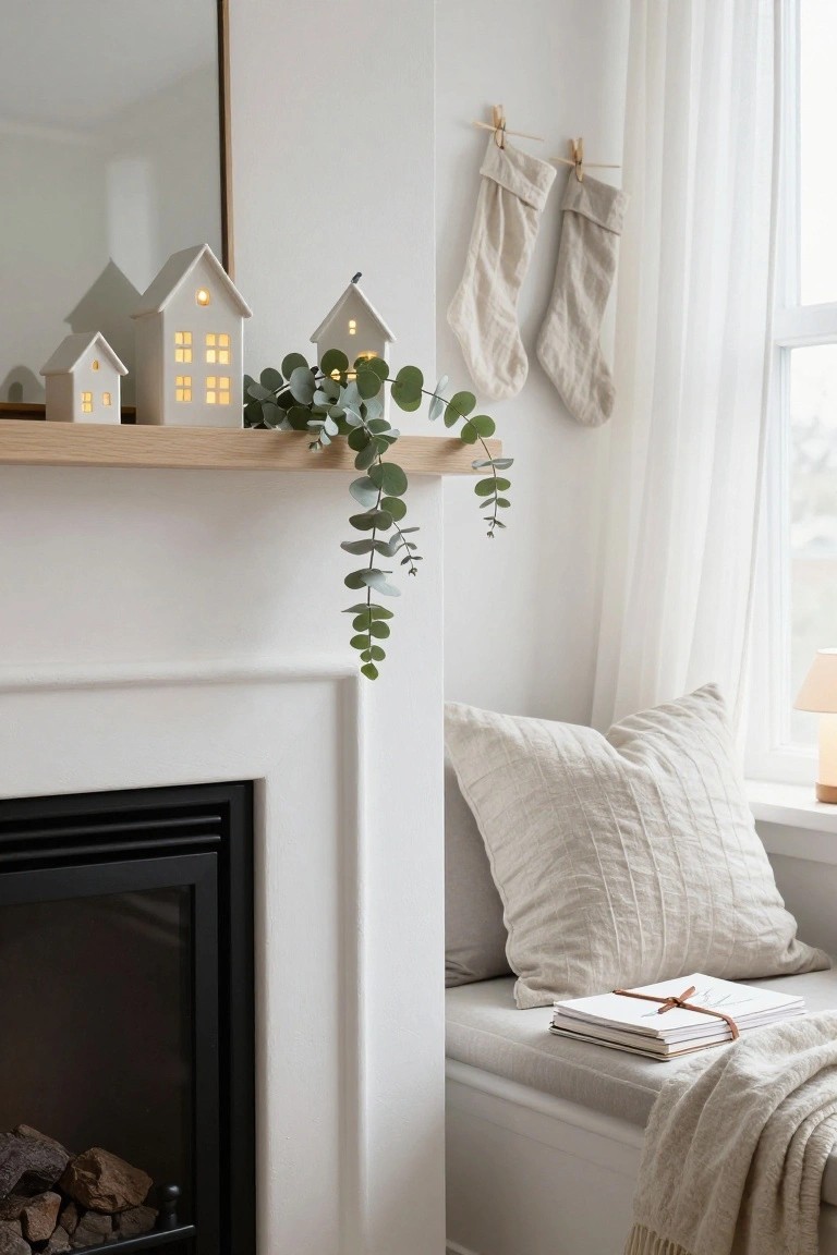 White wooden mantel shelf above a black fireplace displays small illuminated white ceramic houses, trailing eucalyptus greenery, and two beige linen Christmas stockings hung on the wall with clothespins, next to a cushioned window seat with pillows and books.
