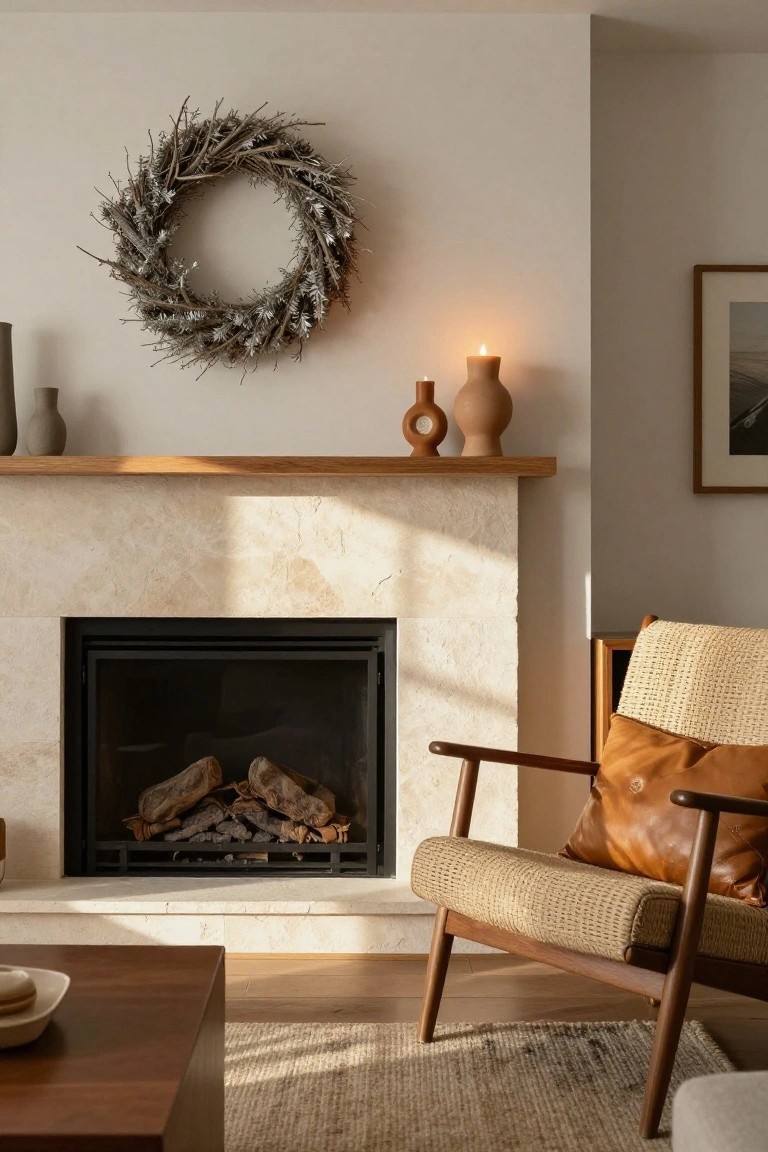 A beige stone fireplace with burning logs, wooden mantel holding gray vases, a lit candle, and beige pottery, textured silver wreath on wall above, rattan armchair nearby, wooden coffee table in front.
