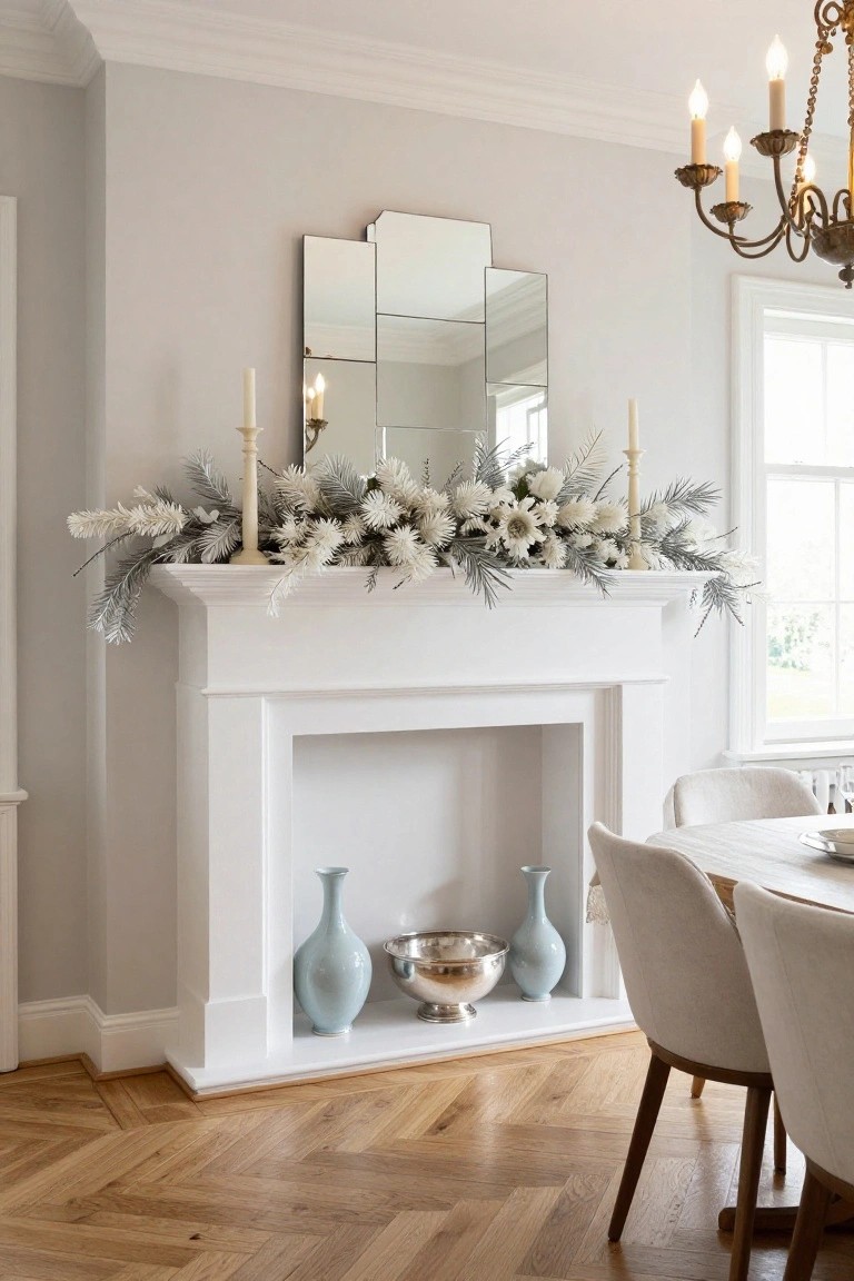 White fireplace mantel decorated with layered white faux flowers, silver pine branches, and beige candles, topped by a tri-fold mirror, with blue vases and a silver bowl inside the hearth, adjacent to a round dining table with upholstered chairs on herringbone wood flooring.