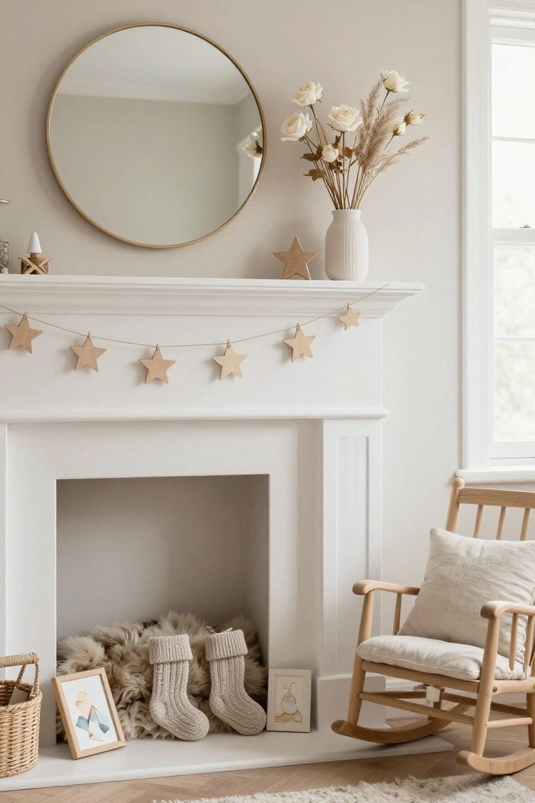 White fireplace mantel with wooden star garland hanging across it, gold round mirror above, white vase of roses and pampas grass nearby, two fluffy neutral stockings inside the hearth opening, wooden rocking chair to the side in a light beige room.