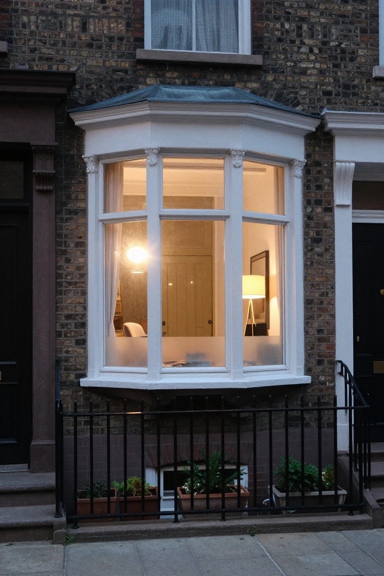 Dusk view of a brick terraced house with a protruding white bay window lit warmly from inside, black iron railing, and potted plants along the front steps.