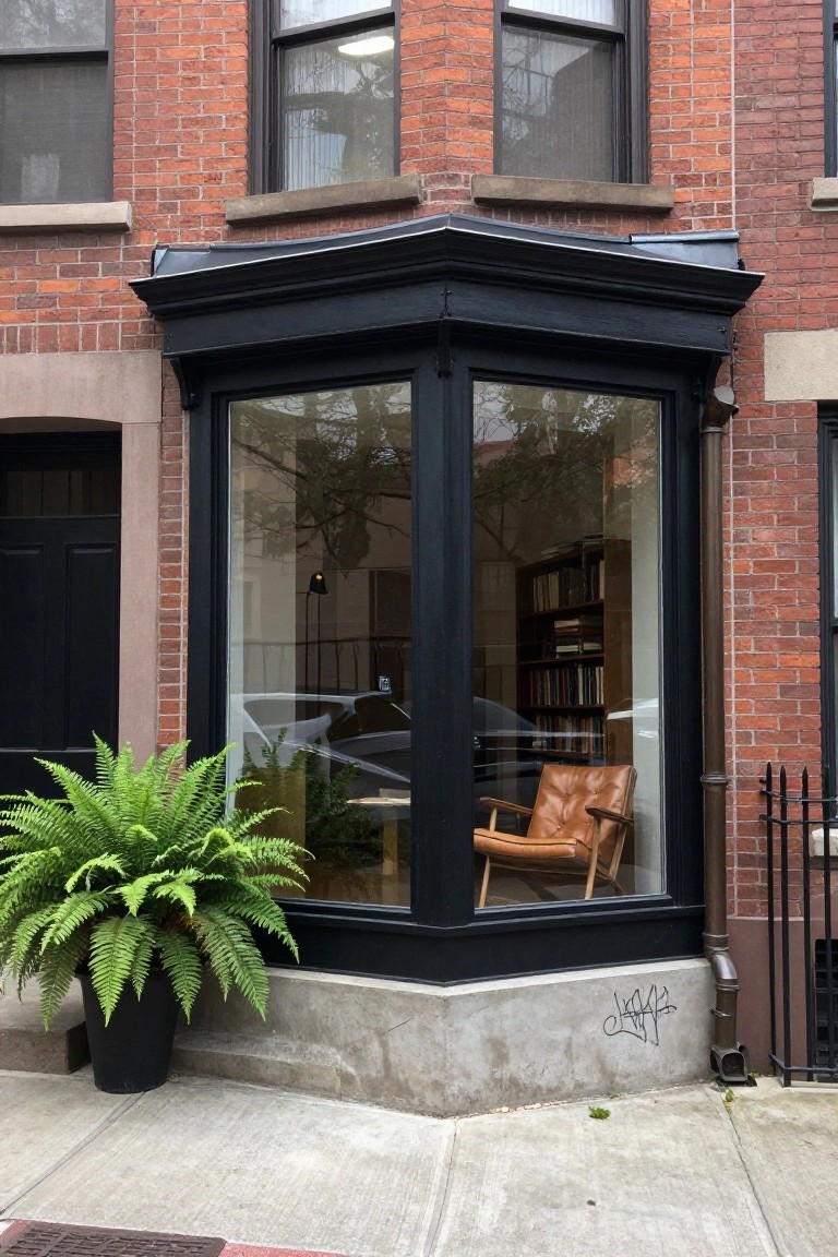 Brick rowhouse exterior featuring a prominent black-framed corner bay window revealing interior bookshelves and a tan leather armchair, with a large potted fern plant at the base and black front door nearby.