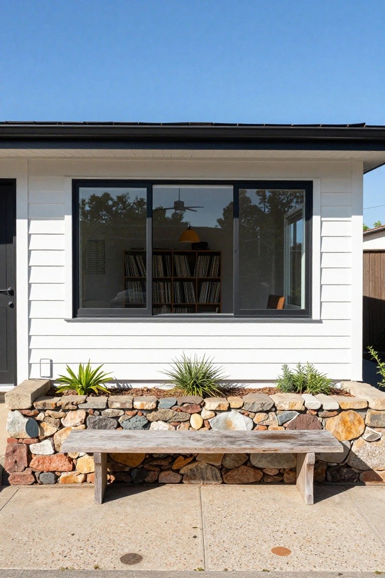 White clapboard house exterior featuring a large black-framed sliding corner window showing interior bookshelves and furniture, with a stone retaining wall planter containing succulents and a wooden bench in front.