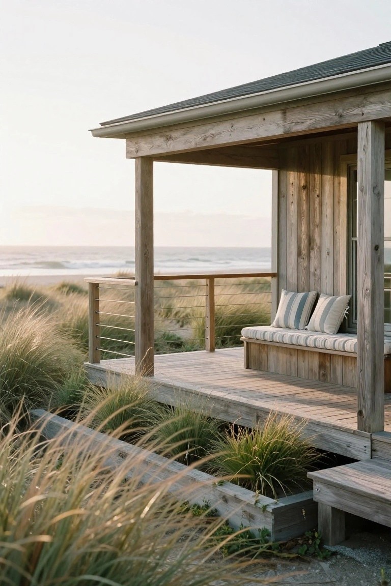 Wooden beach house corner with covered porch deck, built-in bench with striped cushions, horizontal cable railings on wood posts, sea grass in foreground, ocean and beach in background.