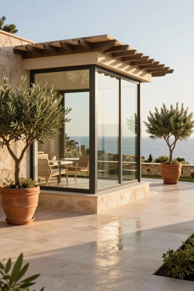 Exterior corner of a beige stone house with a protruding glass-walled room containing wicker chairs and a table, topped by wooden beam pergola, flanked by olive trees in terracotta pots on a tiled terrace overlooking the ocean.