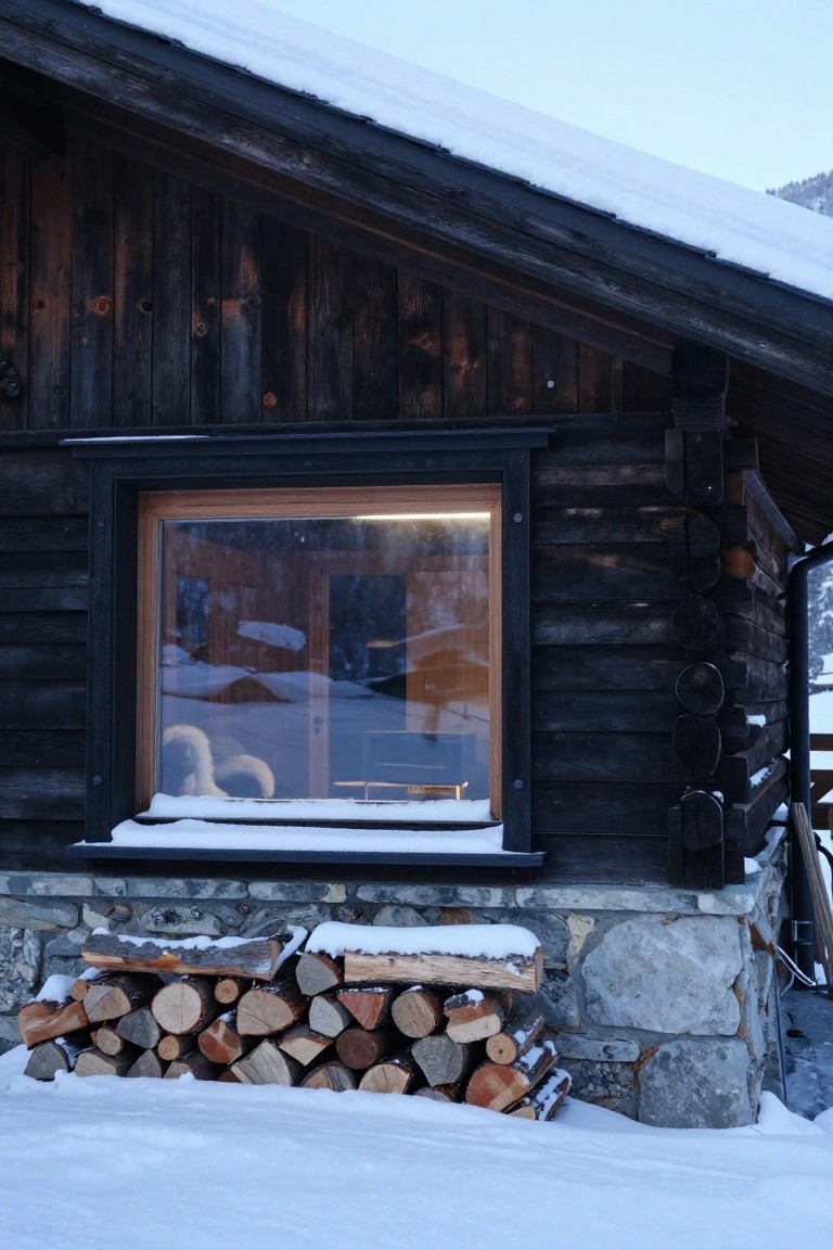 Dark wooden cabin exterior in snow with a large corner window showing interior glimpses, firewood stack against stone base, and snowy mountain backdrop.
