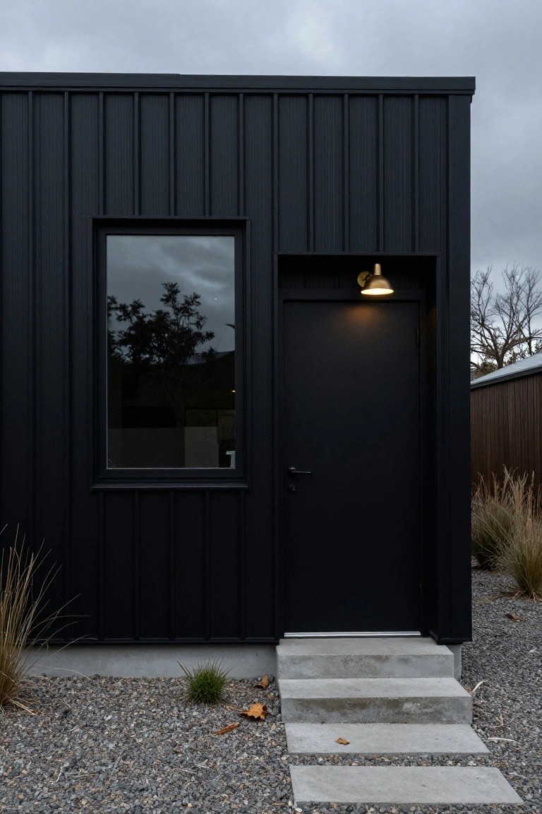 Black corrugated metal house exterior with tall narrow black-framed window beside black entry door, brass wall light, concrete steps, gravel ground, and sparse dry grasses.