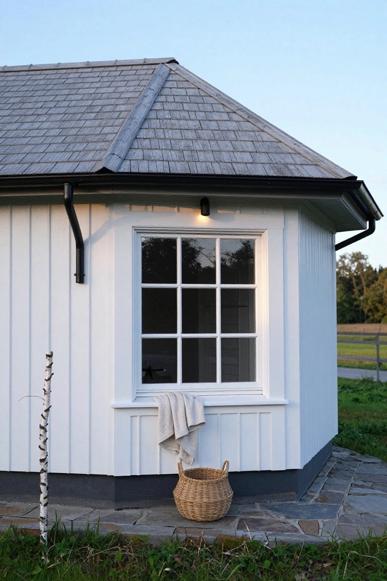 Corner view of a white vertical board-and-batten house with gray slate roof, black gutter and downspout, large divided-light window with white towel on sill, exterior wall light, wicker basket on ground, slim birch tree, stone path, and grass under partly cloudy sky.