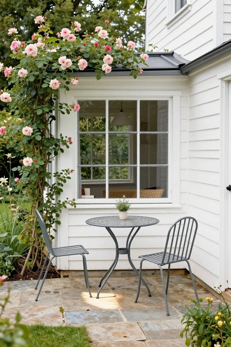 White clapboard house corner featuring a large multi-pane window framed by pink climbing roses on a metal-roofed overhang, with a small round metal table, two chairs, and potted plant on a stone patio below.
