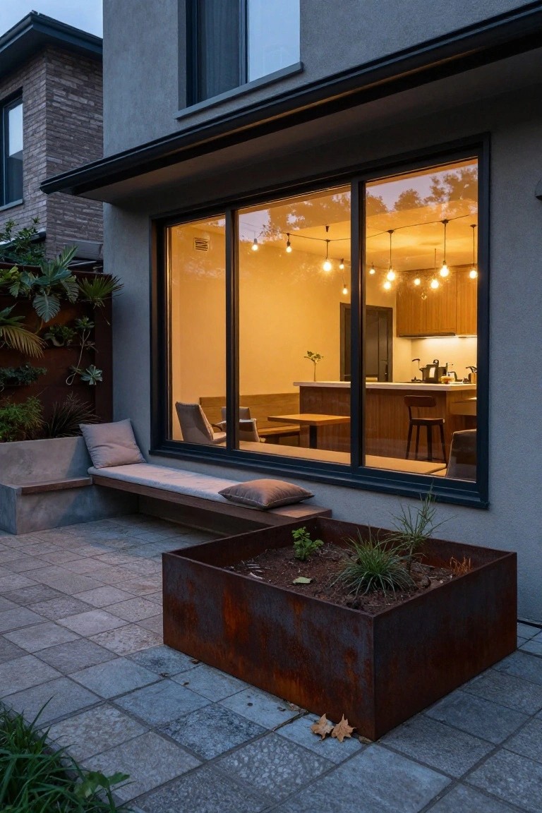 Exterior evening view of a modern house corner showing a large sliding glass window into a warmly lit kitchen with pendant string lights, wood cabinetry, bar stools, an adjacent outdoor concrete bench with cushions, corten steel planter box, and paved patio with greenery.