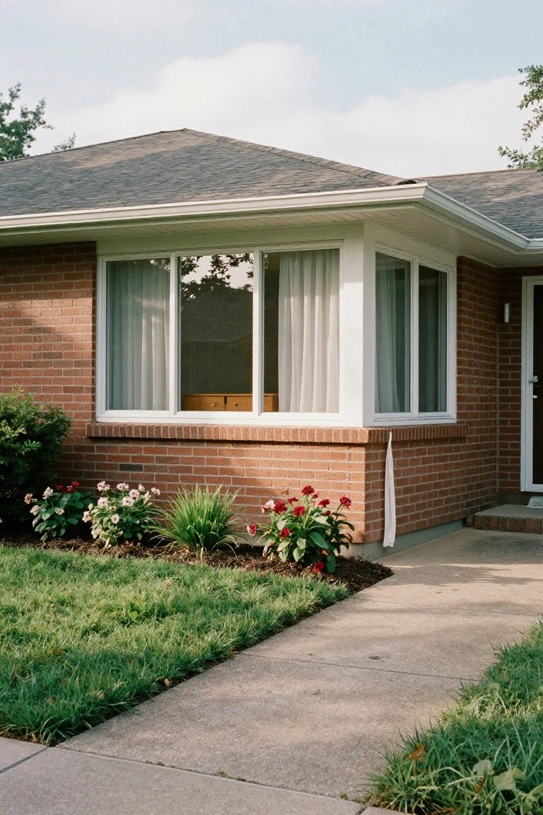 Brick ranch house exterior with protruding white-framed corner window, sheer white curtains visible inside, red flowers and greenery in beds along the base, concrete walkway leading to front door.
