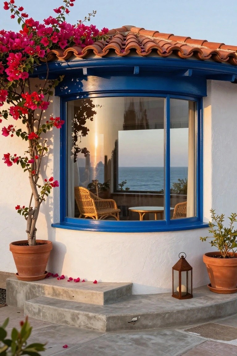 White stucco house exterior featuring a large curved blue-framed corner window with ocean view, rattan chairs and table visible inside, bougainvillea plants climbing nearby, potted plants, lantern, and concrete steps on a terrace.