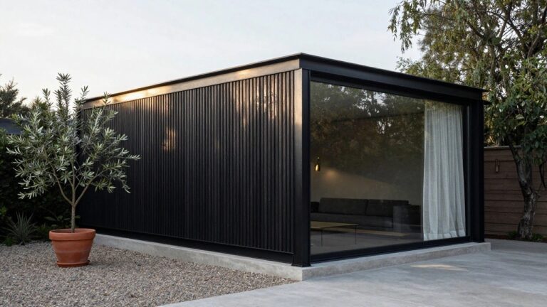 Modern house corner with black metal-framed floor-to-ceiling glass walls, vertical wood cladding, visible interior L-shaped sofa and table, potted olive tree, and concrete patio edged with grasses and pebbles.