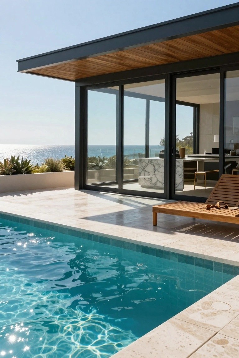 Modern house corner with black-framed floor-to-ceiling glass walls and sliding doors opening to a travertine pool deck and ocean view.
