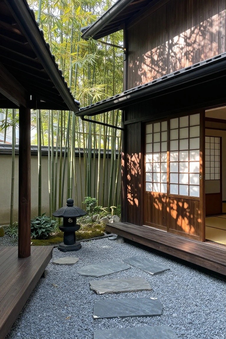 Wooden Japanese-style house corner with open sliding shoji screens overlooking a gravel garden path lined with stepping stones, a stone lantern, plants, and tall bamboo grove.